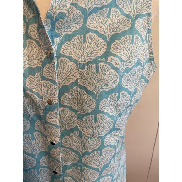 Coral Bay Size Small Linen Sleeveless Button Front Shirt Turquoise & White - Picture 4 of 6